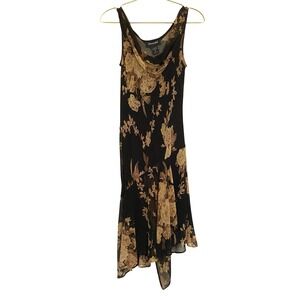 Connected Y2K Floral Chiffon Midi Dress Small Black Yellow Brown Beaded Asym Hem